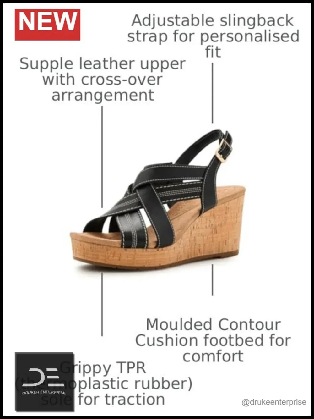 Clarks Sabina Sling Wedge Sandals Black Leather Adjustable Strap Women's